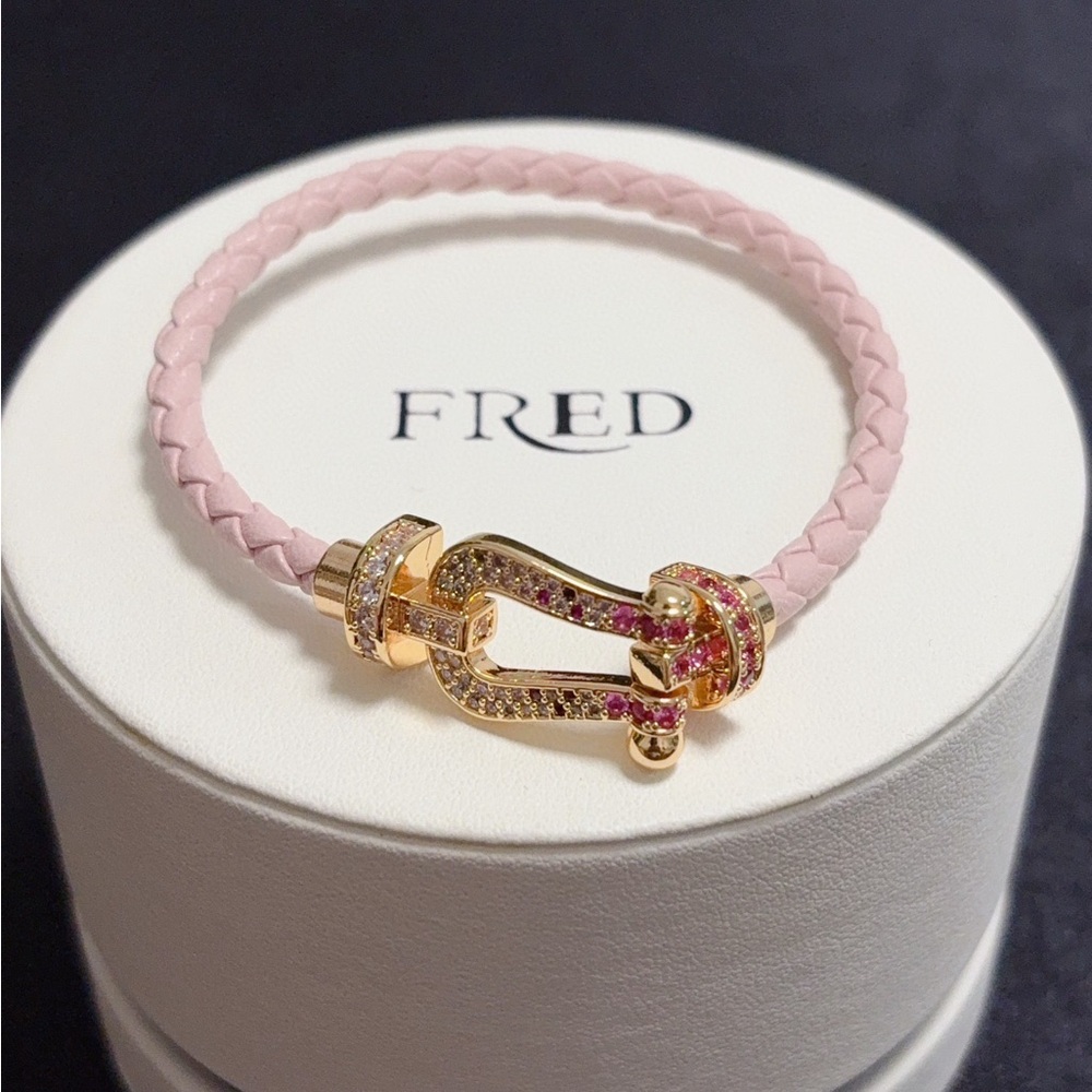 🎀 FRED Force 10 Style Pink Leather Bracelet Gradient Crystals 18cm